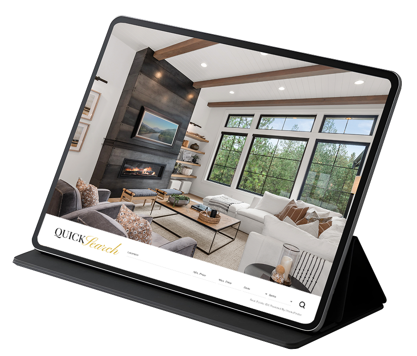 iPad displaying Quick Search property listing interface with luxury living room interior