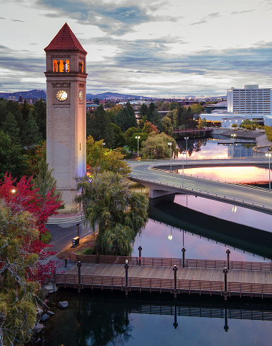 Scenic view of Spokane's iconic clock tower at Riverfront Park during sunset