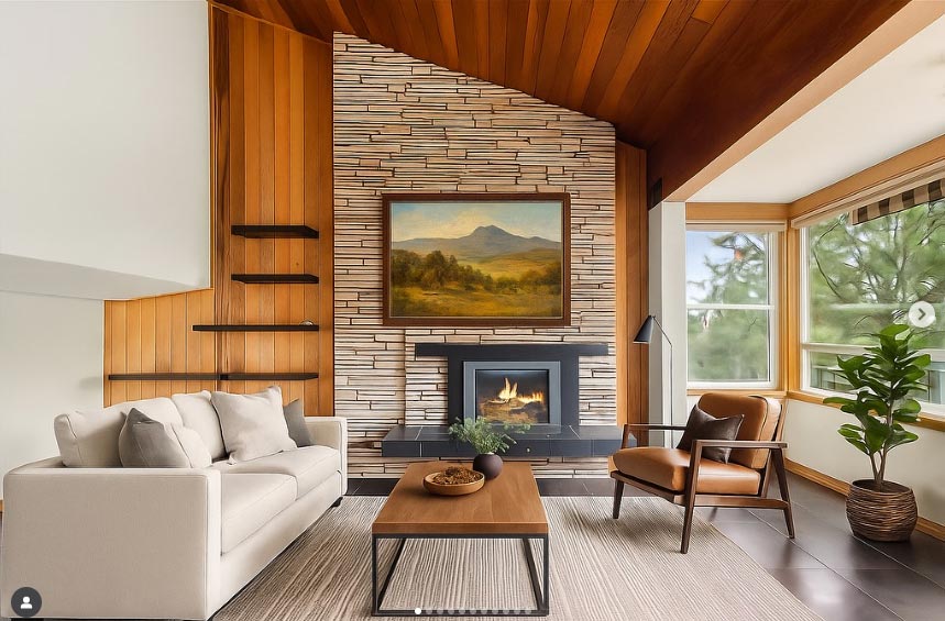 Luxury living room with stone fireplace and modern furniture